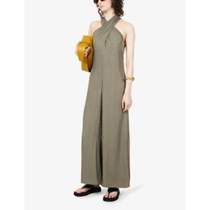 Theory Sleeveless Halter Jumpsuit in Washed Twill (Color: Willow)